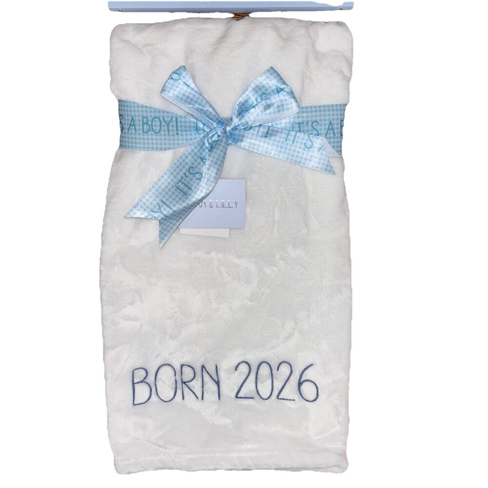 Baby Born 2026 White Blue Soft Baby Blanket 30” x 40” Gift Boy Logan & Lilly NEW